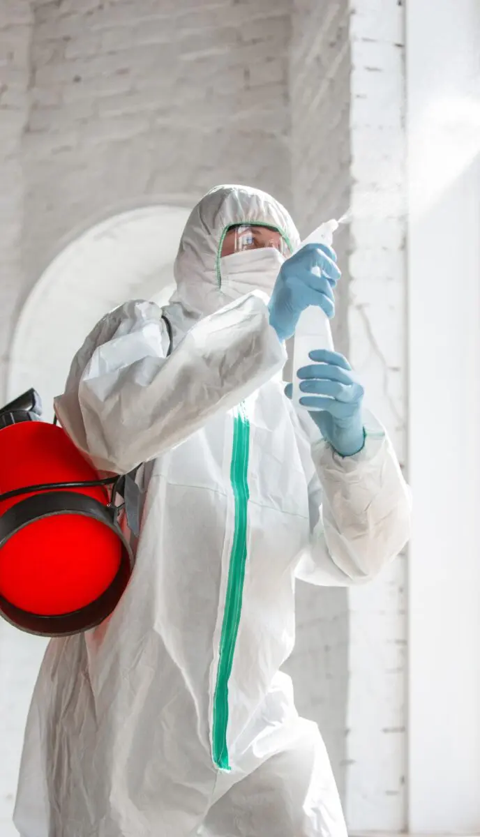 person in hazmat suit treating mold