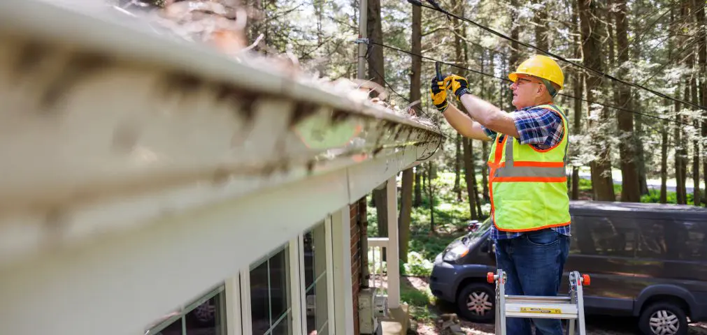 person cleaning gutters