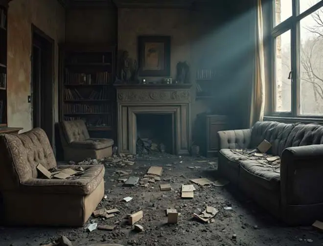 a living room with smoke damage
