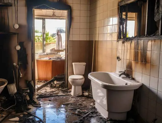 a bathroom damaged by a fire