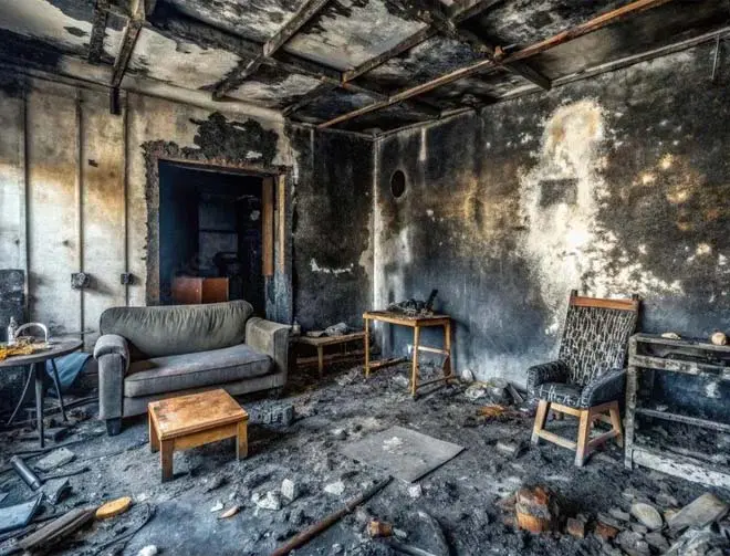 a living room with smoke damage