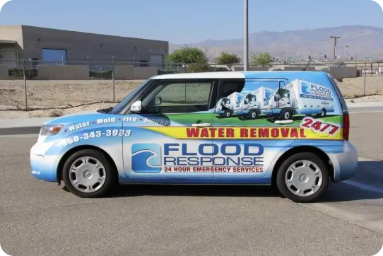 Flood Response service van with mountains of California in the background