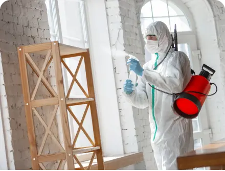A worker in a hazmat suit disinfecting a home